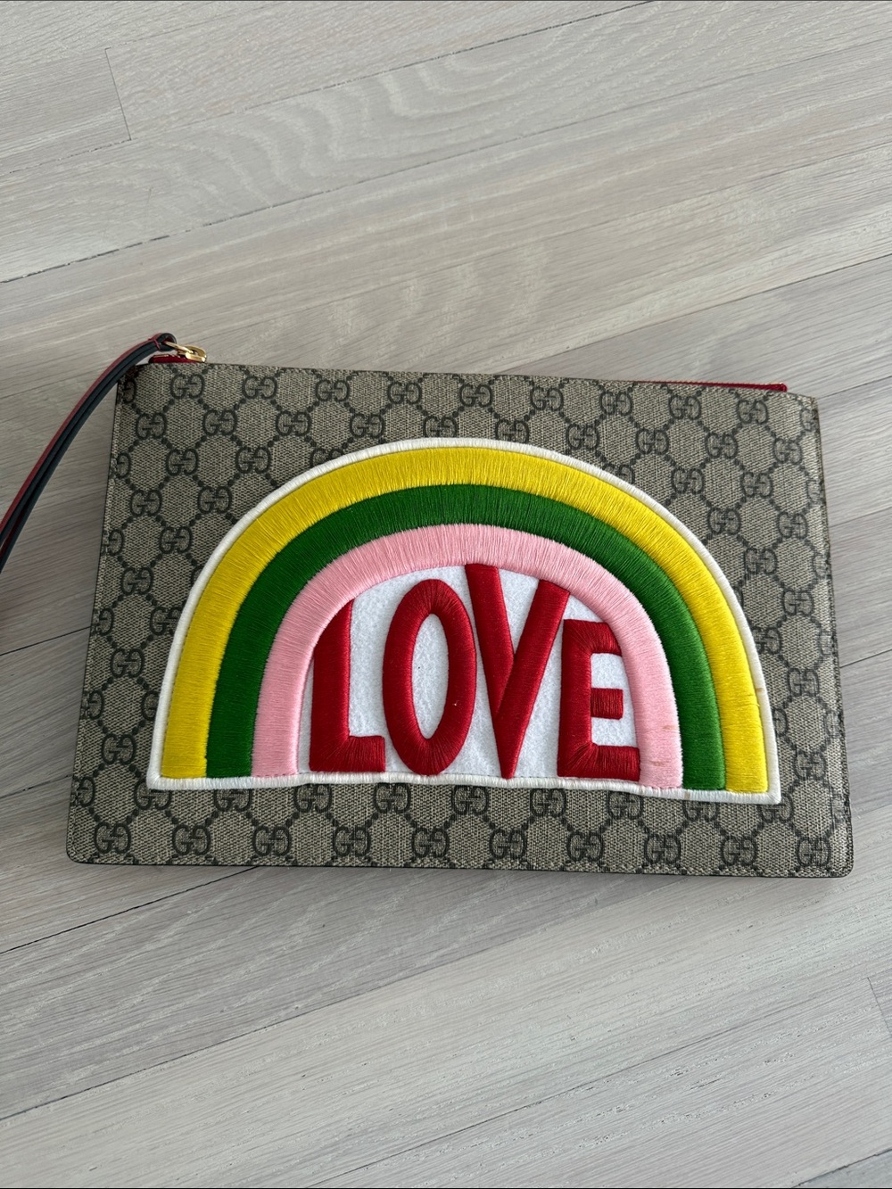 Gucci Beige GG Supreme Pouch with Red, Pink, Green & Yellow Embroidered 'LOVE'